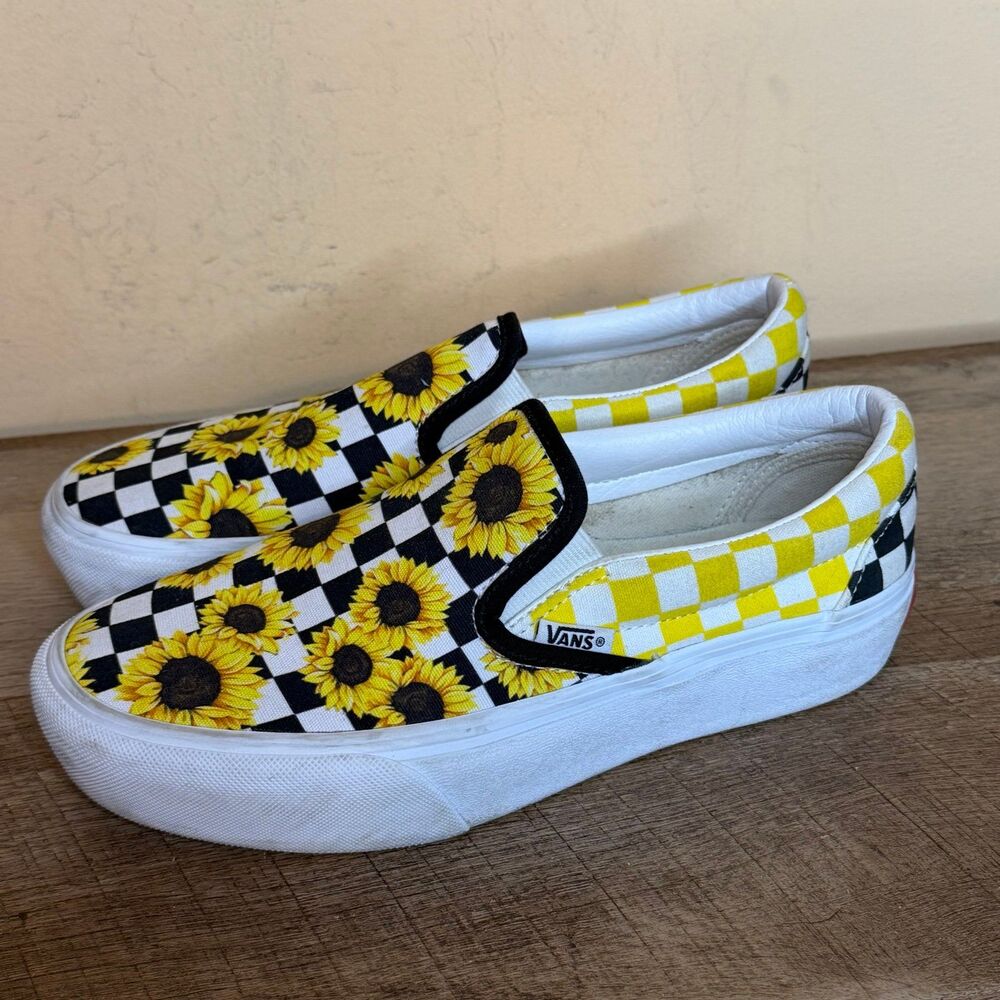 Vans Yellow Sunflower Checkerboard Platform Slip-On Shoes size 7.5